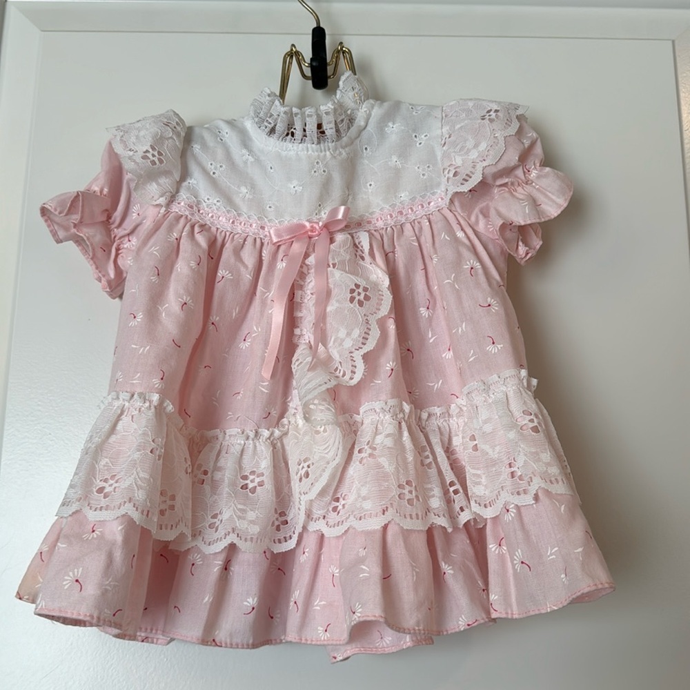 Vintage Pink Floral Ruffles Size 12 Mo 1980s Lace Eyelet Dress Made In USA lace
